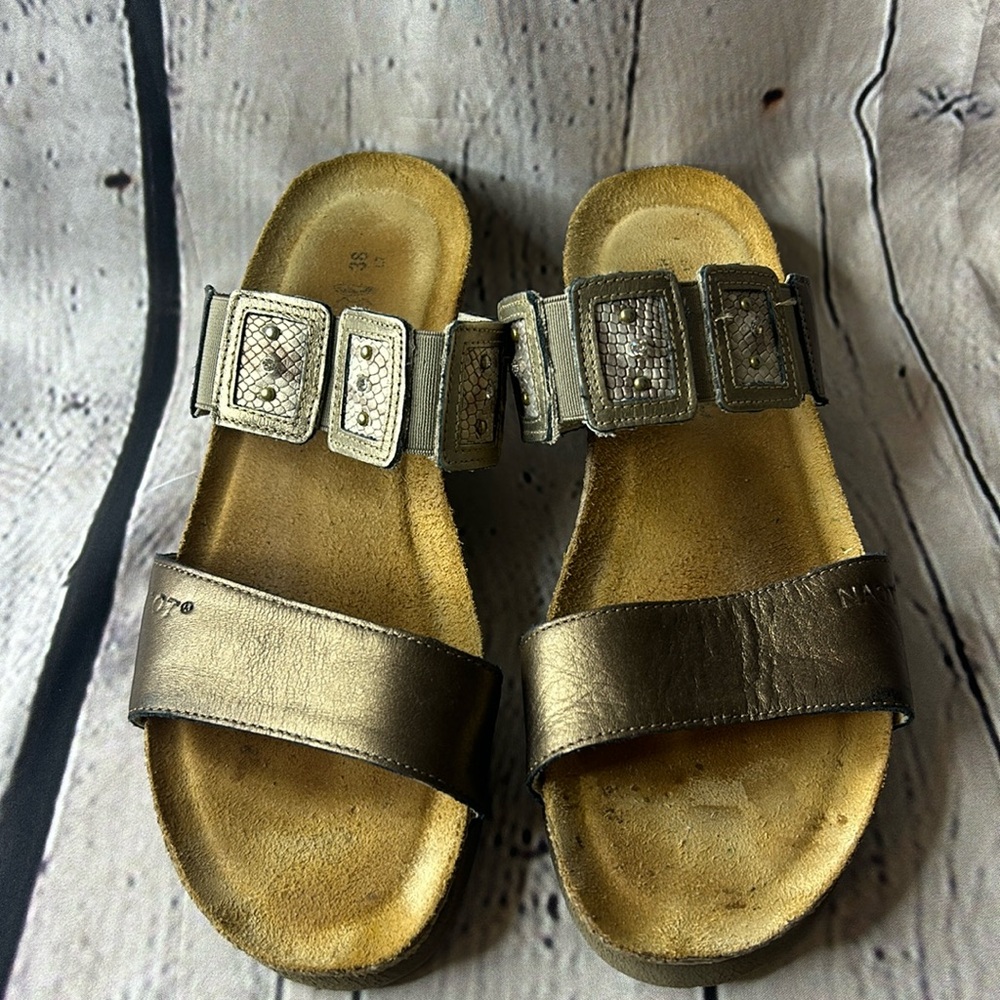 NAOT Ashley rhinestone sandal in a shimmery gold, slip on size 38